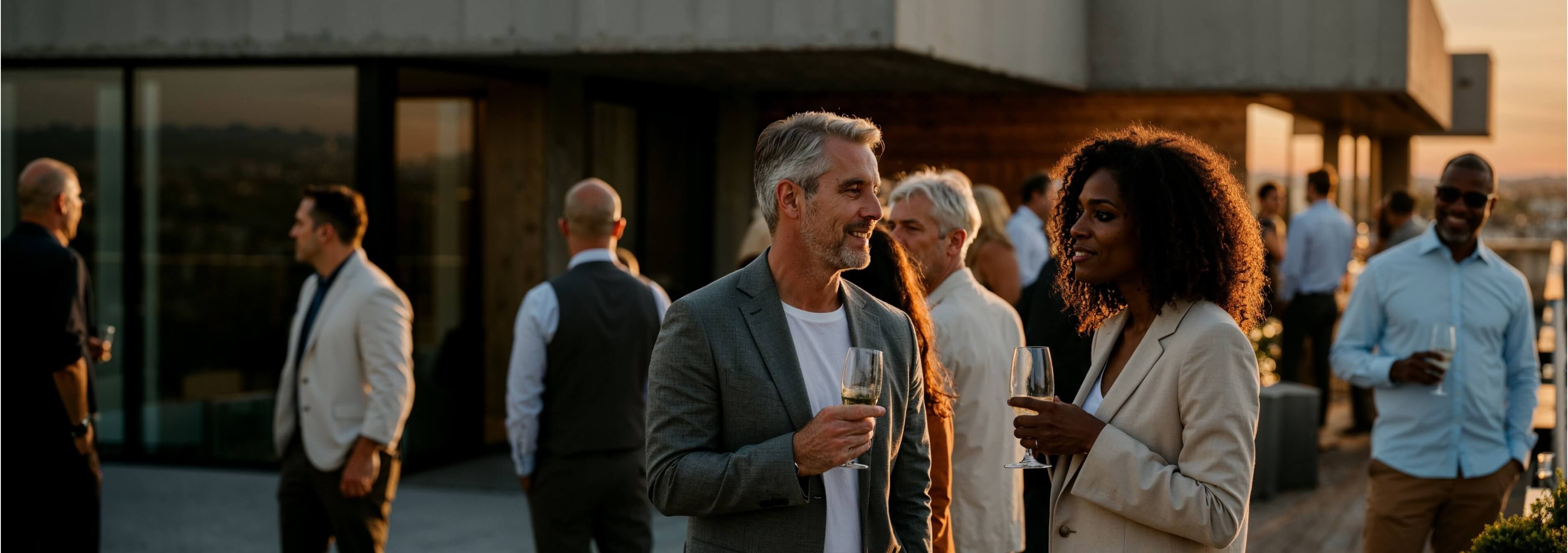 A man and woman chat on a rooftop, with blurred people in the background.