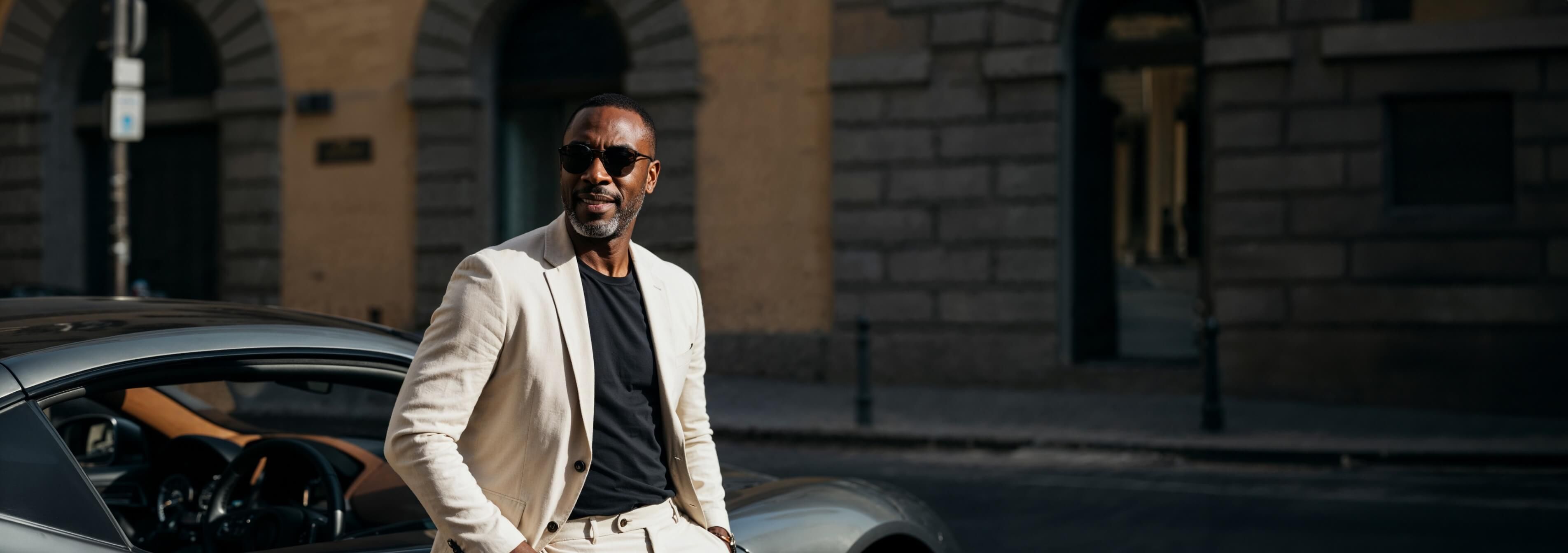 A businessman stands next to a luxurious black car.