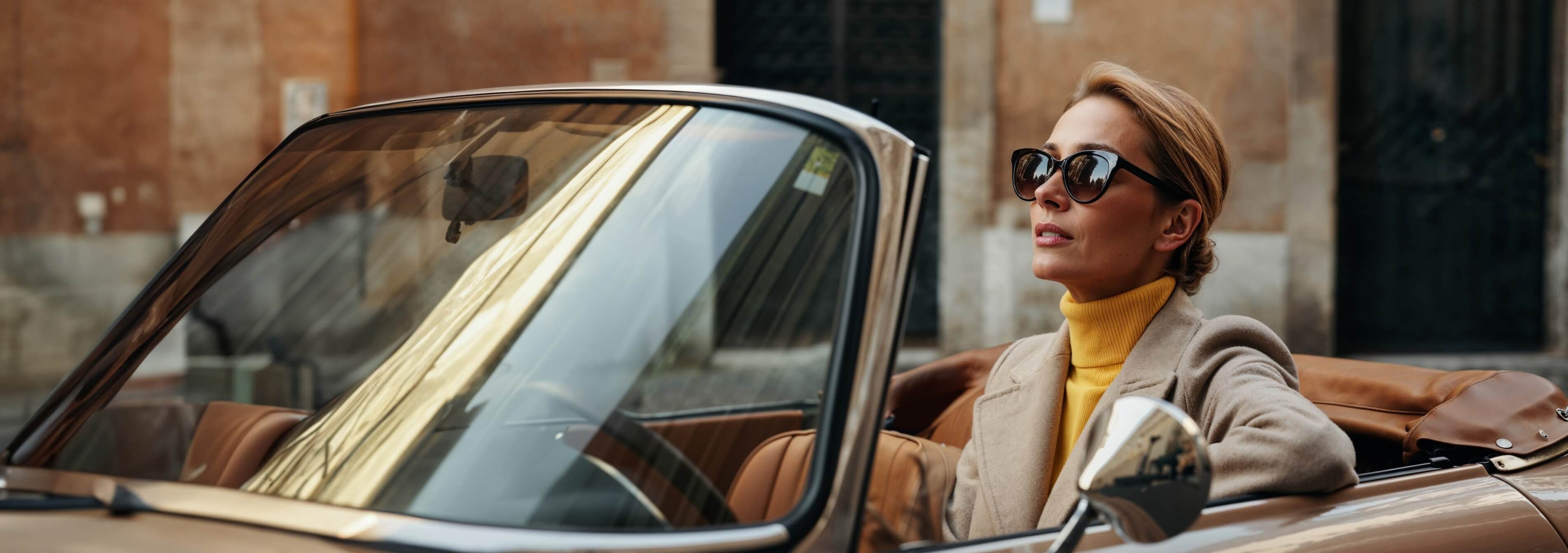 A businesswoman wearing sunglasses and a yellow polo blouse drives a convertible car