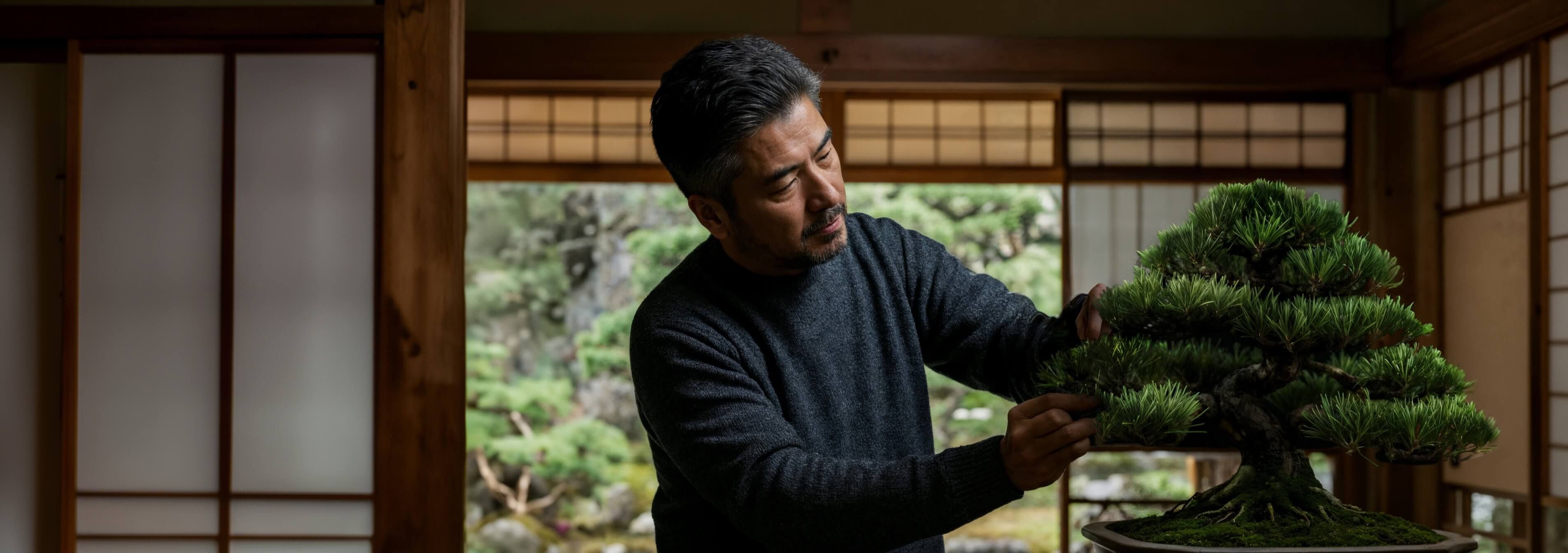 Asian man with bonsai