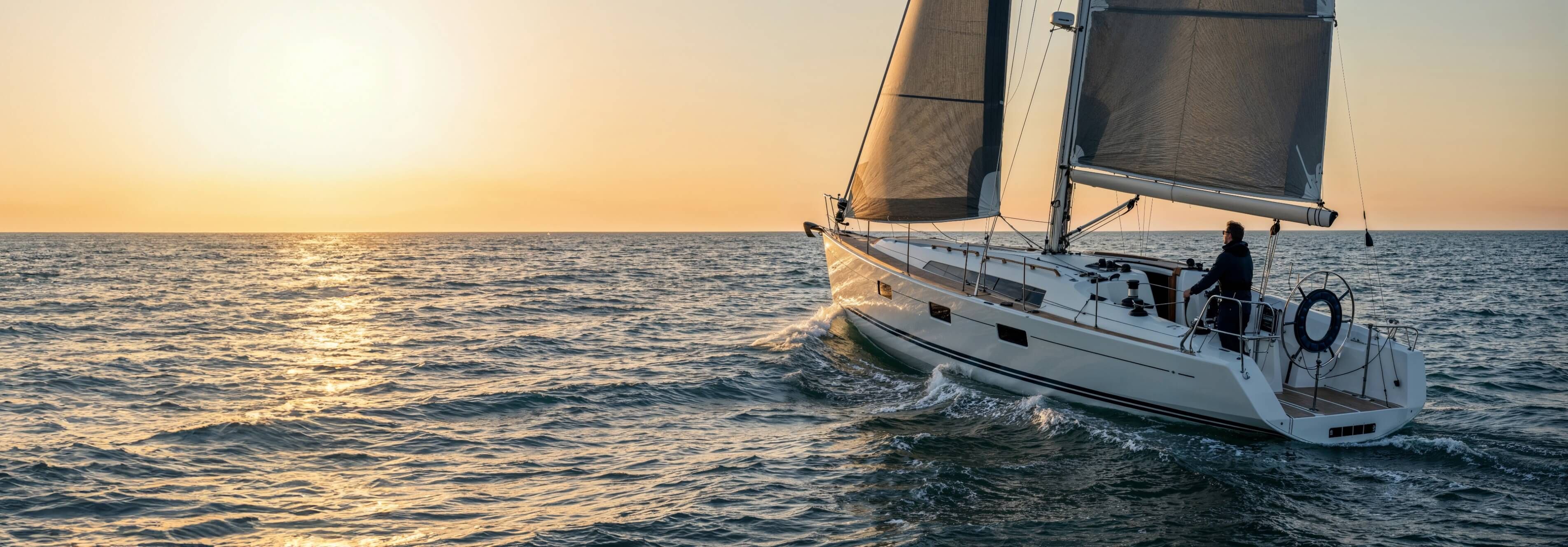 A yacht sails on the sea with a vibrant sunset in the background.