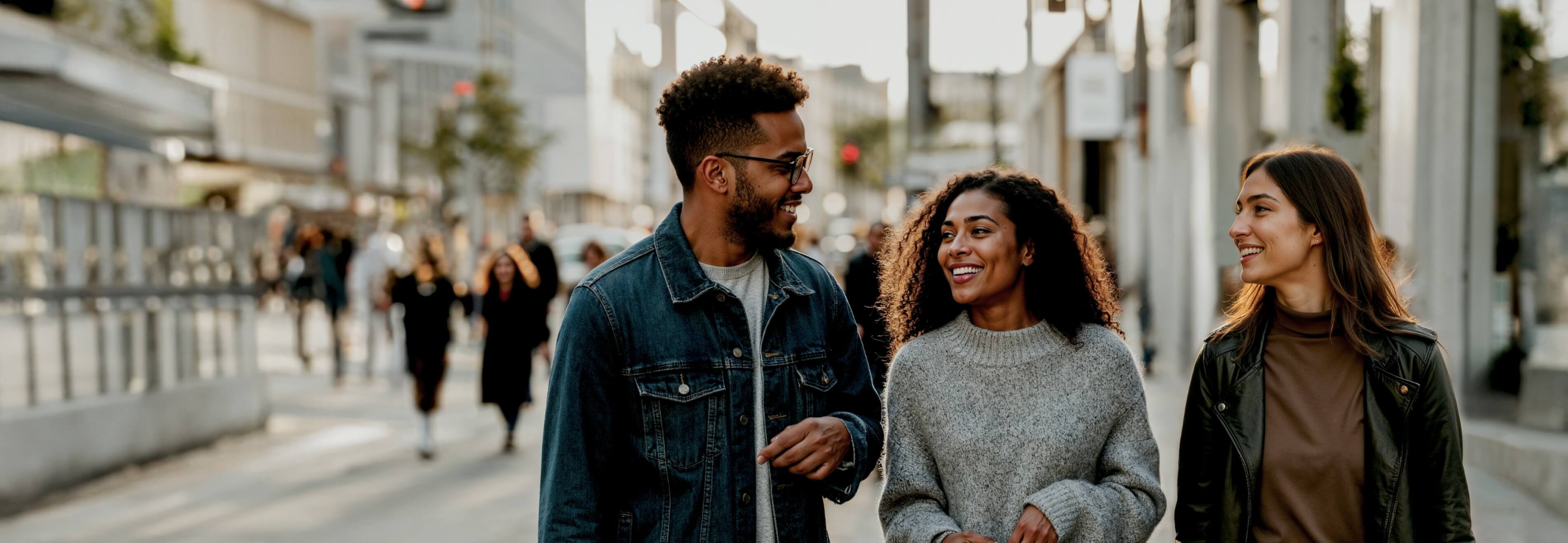 A group of international friends walks together, engaged in conversation.