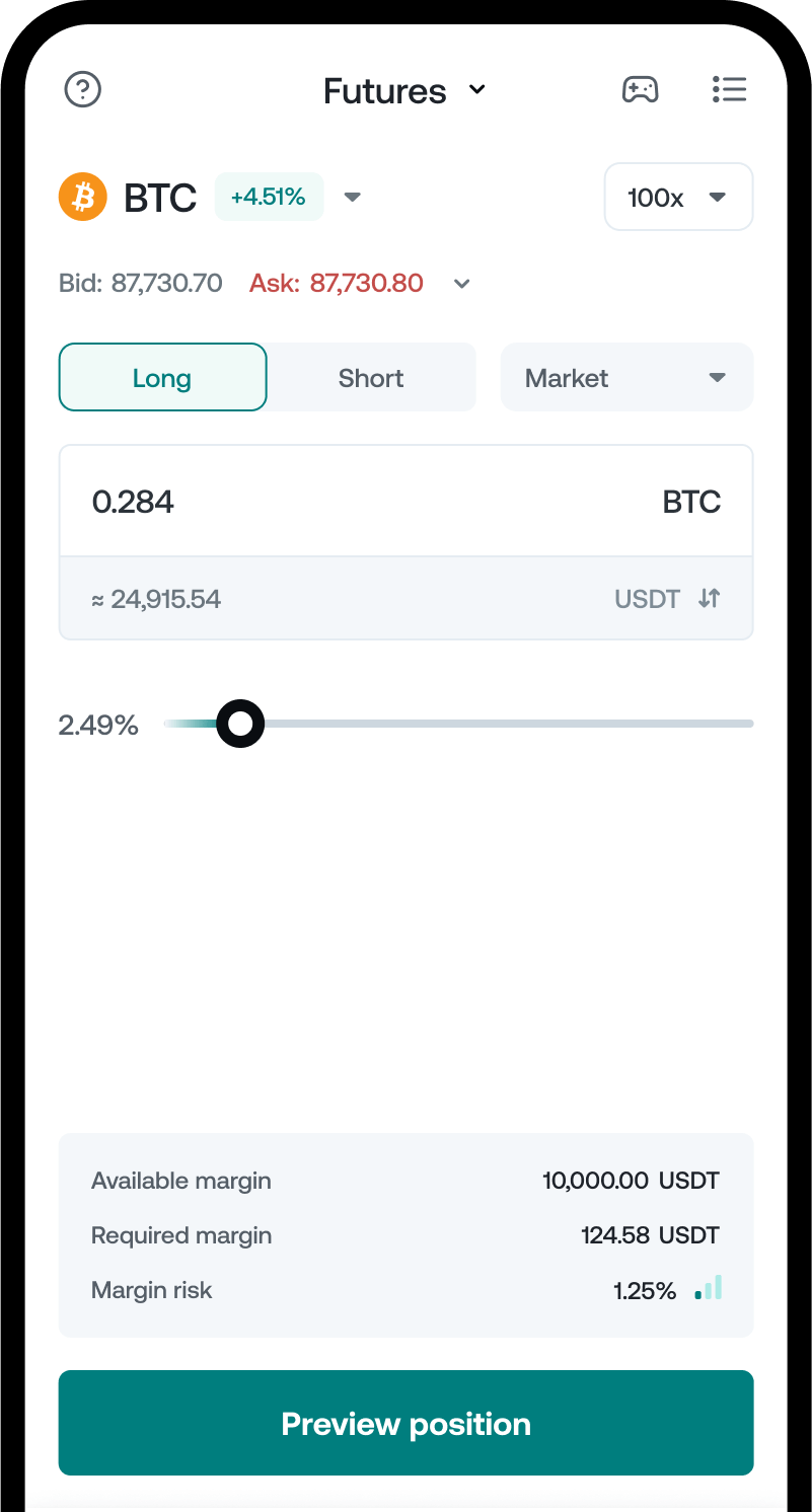 A mobile phone showing futures screen from Nexo app.