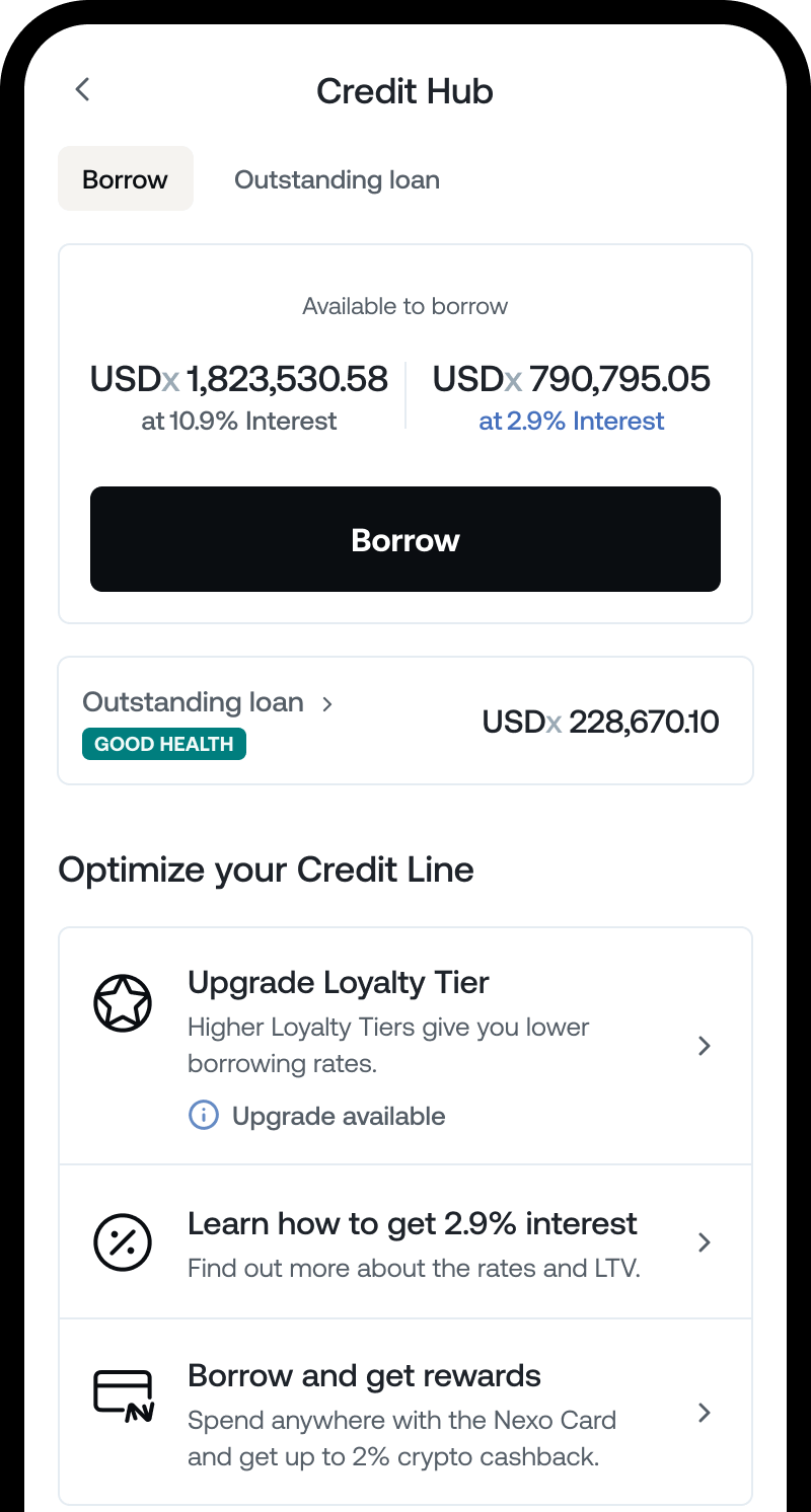 A mobile phone showing credit line screen from Nexo app