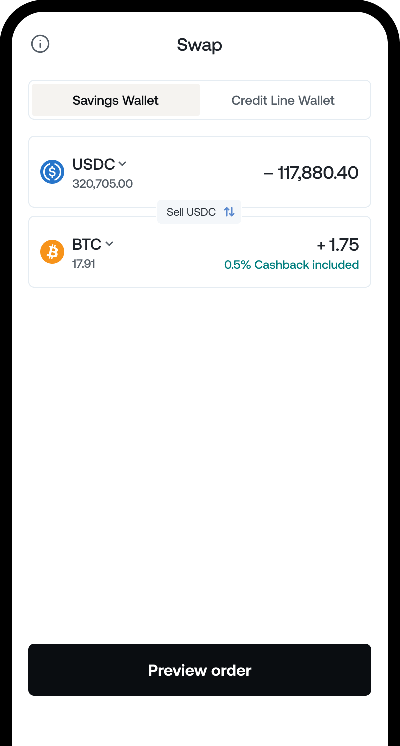 A mobile phone showing exchange screen from Nexo app.