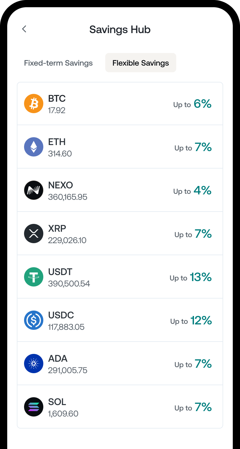 A mobile phone showing flexible savings screen from Nexo app