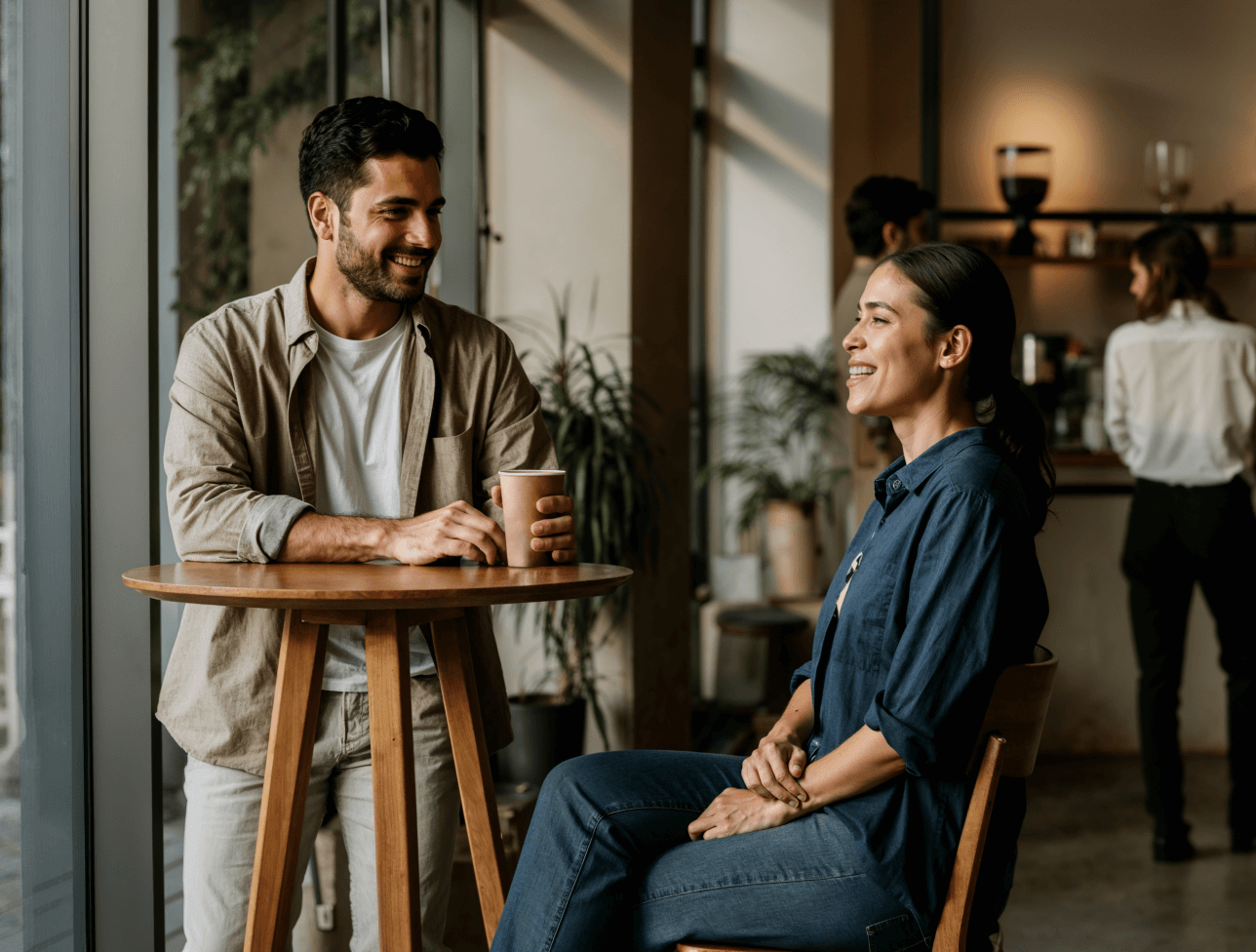man and woman chatting in a cafe